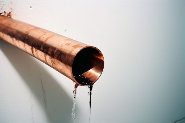 Primer plano de una tubería de cobre que tiene una fuga de agua. La tubería está empotrada en la pared. Solo se ve la tubería por un trozo donde falta la pared. La pared es blanca con humedad negra.