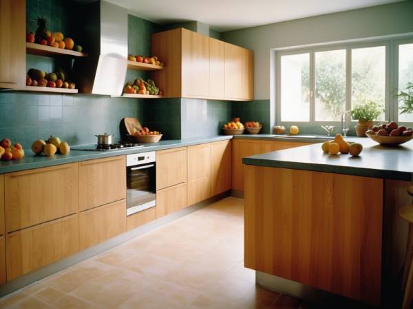 Cocina de diseño con mucha iluminación solar. El mobiliario de la cocina de color madera. El suelo de la cocina de color gris oscuro. Decorado con frutas y utensilios de cocina.