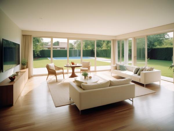 Salón comedor con sofá, muebles de color blanco y televisión. Suelo de parquet color madera. Mucha iluminación solar. Gran ventanal con salida a terraza. Desde la ventana se ve una piscina rodeada de césped.