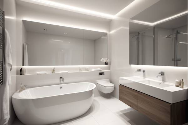 Cuarto de baño con los siguientes elementos: inodoro suspendido blanco brillante, bañera angular de hidromasaje , mueble de lavabo color blanco brillante, iluminación led calida indirecta. Color del suelo y paredes: oscuro. Imagen a todo color.