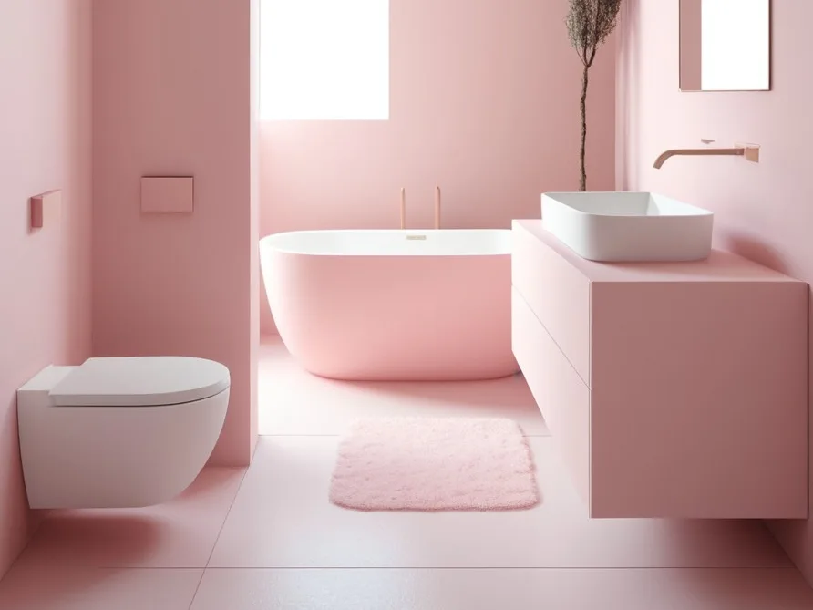 Cuarto de baño completo minimalista de color rosa pastel