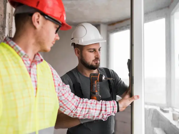 Profesionales de la carpintería de aluminio ajustando ventana de aluminio en reforma de piso