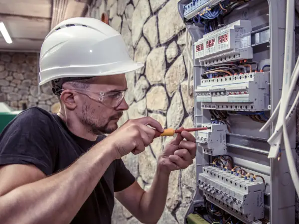 Electricista de obras y reformas montando el cuadro eléctrico de una casa 