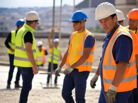 Operarios realizando obras y reformas en Granollers, trabajando en un sitio de construcción urbano.