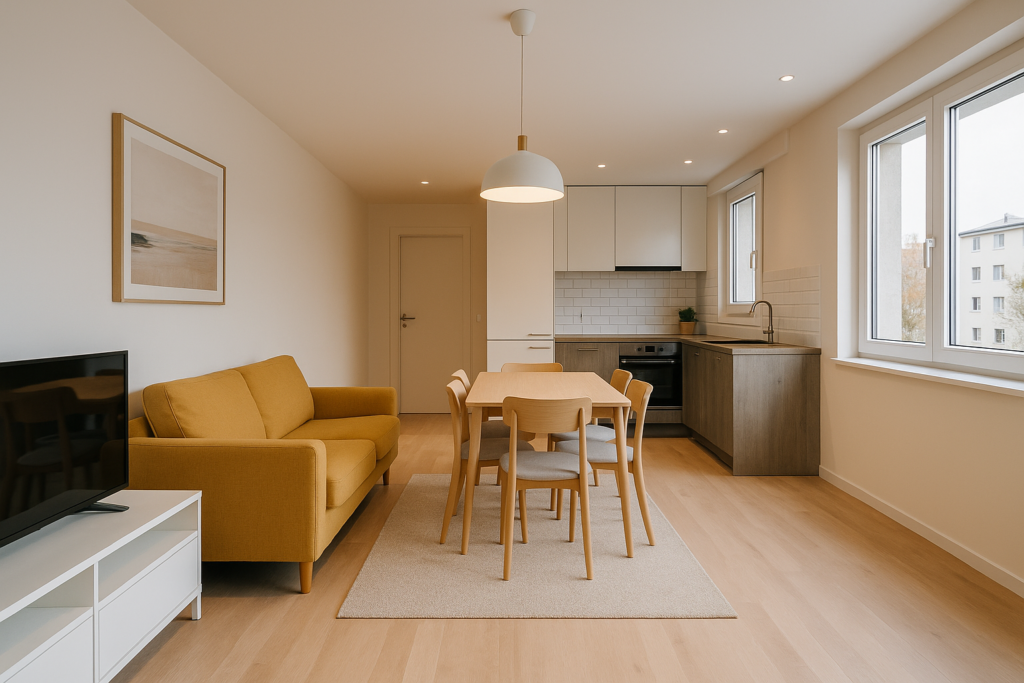 Vista de comedor con cocina abierta tipo office tras reforma moderna en Badalona Comedor y cocina office en una vivienda reformada en Badalona con estilo moderno y funcional