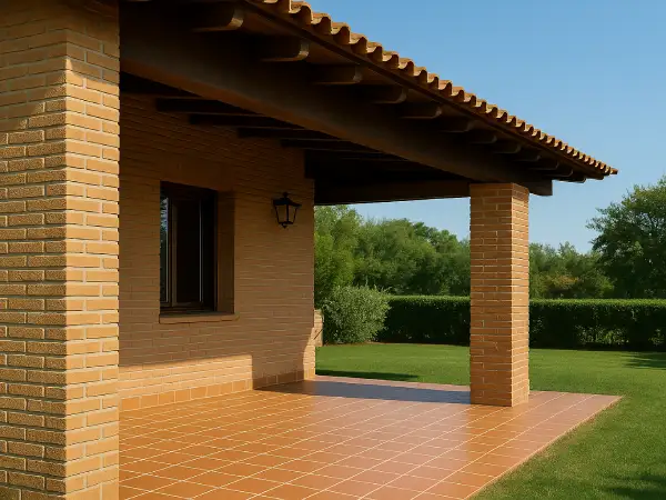 Porche reformado en fachada de obra vista en Parets del Vallès Imagen de porche exterior en una casa de obra vista con suelo de baldosa en Parets del Vallès
