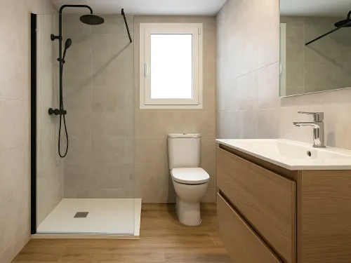 Baño reformado con ducha moderna y acabados cálidos en Cornellá Baño reformado en Cornellá con ducha de obra, sanitarios modernos y suelo imitación madera