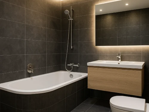 Baño reformado con bañera esquinera y contraste de tonos en Parets del Vallès Reforma de baño moderno en Parets del Vallès con bañera esquinera, baldosas negras y sanitarios blancos