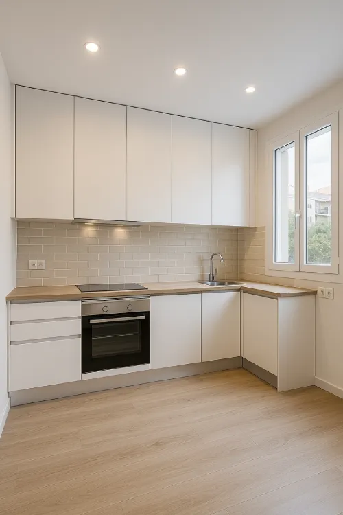 Reforma de cocina moderna con azulejos color crema en Mollet del Vallès Cocina reformada en Mollet del Vallès con mobiliario blanco, encimera de madera clara y alicatado crema