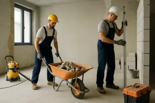 Reforma de vivienda en Badalona con trabajos de construcción y acabado interior Dos operarios trabajando en la reforma interior de una vivienda en Badalona durante una obra de reforma integral