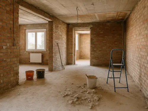 Interior de vivienda en obras durante una reforma integral en Sant Cugat Obras de reforma integral en una vivienda de Sant Cugat del Vallès con paredes de ladrillo visto, materiales de obra y estructura expuesta