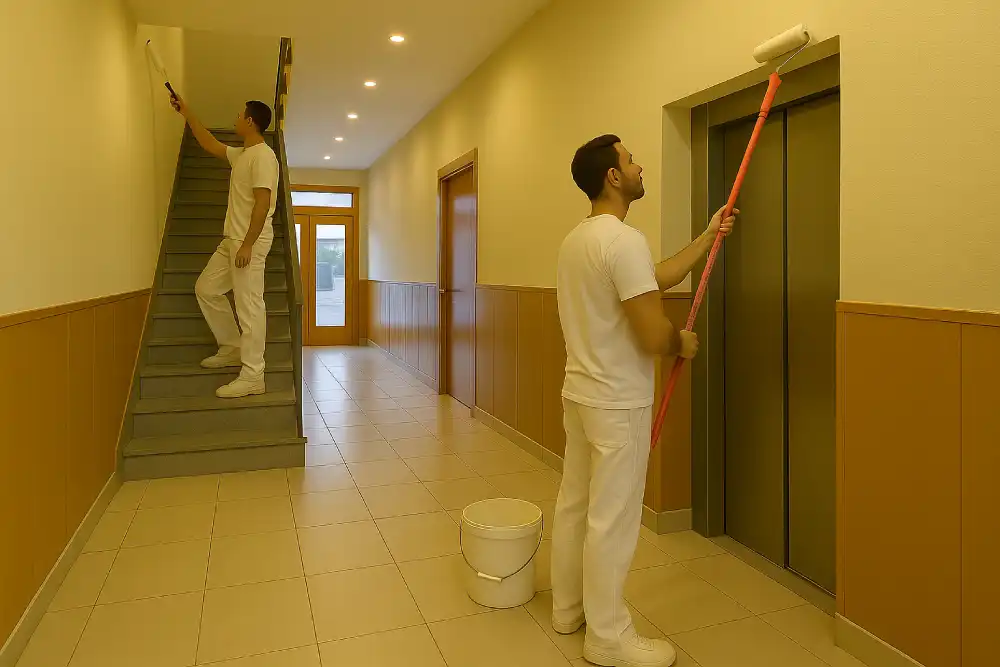 Pintores trabajando en portal de comunidad de vecinos en Mollet del Vallès Dos pintores renovando el portal de una comunidad de vecinos en Mollet del Vallès; uno pinta el techo con rodillo y otro trabaja en la escalera