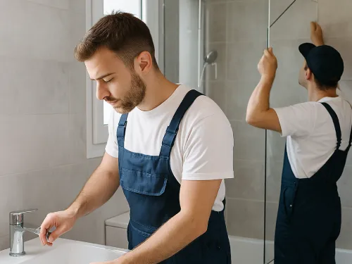 Profesionales instalando ducha y mueble de baño durante reforma en Badalona Dos operarios montando una mampara de ducha y ajustando un grifo en baño reformado en Badalona