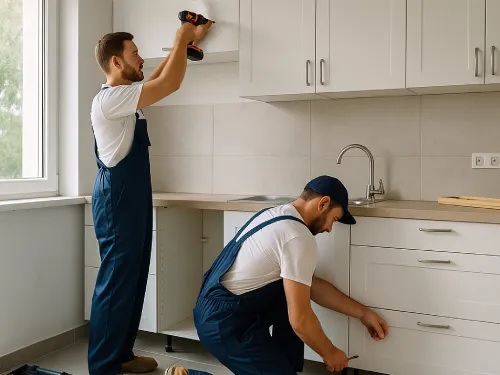 Montaje de mobiliario durante reforma de cocina moderna en Badalona Dos operarios instalando muebles en una cocina reformada con luz natural en Badalona