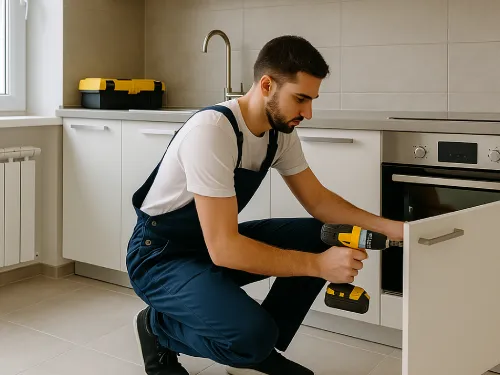Instalación de mobiliario durante una reforma de cocina en Terrassa Operario trabajando con taladro en el montaje de una cocina moderna durante una reforma en Terrassa
