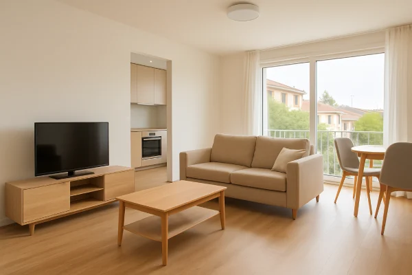 Interior de vivienda reformada en Mollet del Vallès con salón moderno y cocina independiente Salón reformado en Mollet del Vallès con sofá beige, mueble de TV, comedor junto a la ventana y cocina independiente visible al fondo