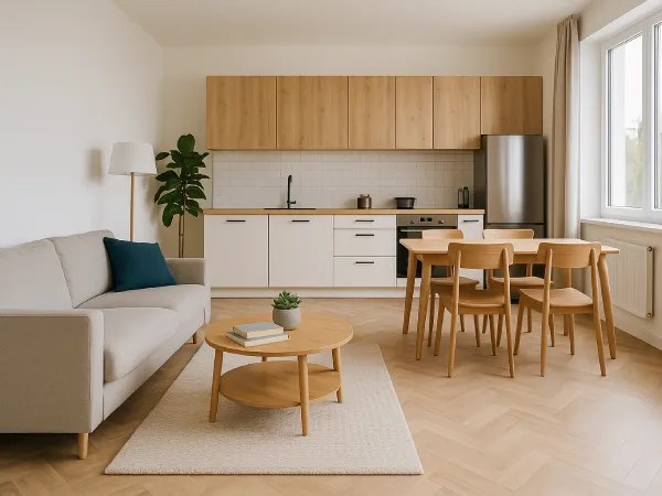 Interior de una vivienda reformada en Mataró con cocina office, suelos claros y ambiente luminoso