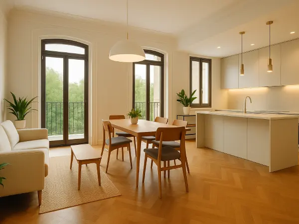 Salón reformado con cocina moderna y luz natural en Sant Cugat Vivienda reformada en Sant Cugat del Vallès con cocina blanca y salón abierto, suelo de madera clara y gran entrada de luz natural