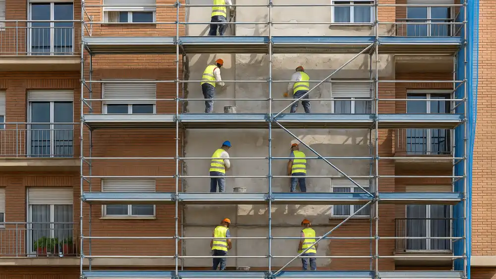 Albañiles reformando fachada con andamio en Parets del Vallès Operarios con chaleco y casco rehabilitando la fachada de un edificio de pisos con andamio en Parets del Vallès