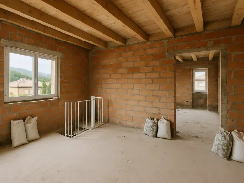 Salón en obra con tabiques vistos en Les Franqueses del Vallés