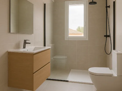 Baño reformado en Les Franqueses del Vallès con ducha italiana y mueble suspendido