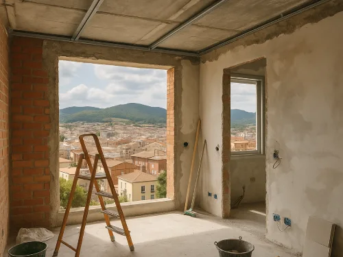 Reforma integral de vivienda en Montornés del Vallés durante las obras  Interior de una vivienda en plena reforma integral en Montornés del Vallés con vistas al municipio