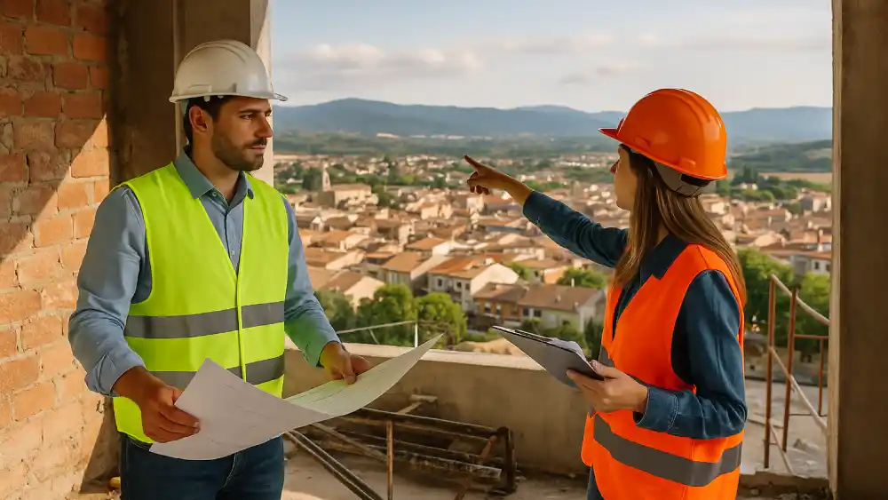 Obras de reforma en Montornés del Vallés con planificación y supervisión profesional Dos operarios revisando planos durante una reforma en Montornés del Vallés, con vistas panorámicas del municipio al fondo