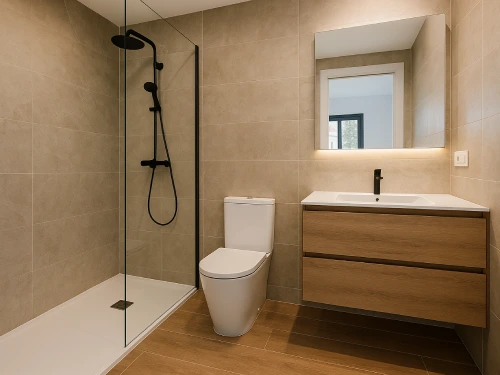 Reforma de baño actual en Montmeló Baño reformado en Montmeló con ducha moderna, mampara de cristal y muebles suspendidos
