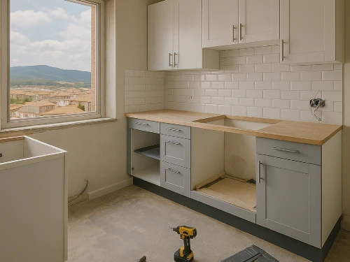 Reforma de cocina en Montornés del Vallés durante el proceso de instalación Cocina en Montornés del Vallés en plena reforma con muebles sin terminar y herramientas de obra
