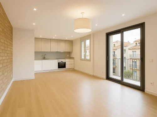 reforma integral de vivienda en Caldes de Montbui con cocina abierta Salón reformado con cocina abierta, suelos de madera clara y acabados modernos en vivienda de Caldes de Montbui