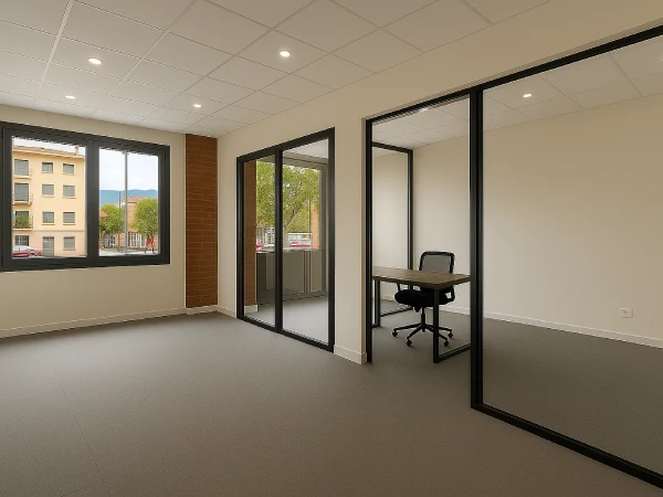 Reforma de oficinas modernas en Montornés del Vallés con suelo técnico Oficina reformada en Montornés del Vallés con divisorias acristaladas, suelo técnico y vistas exteriores