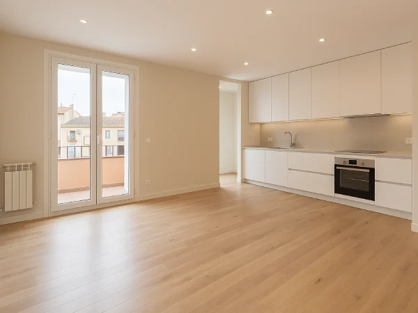 Reforma integral de vivienda en Caldes de Montbui Salón y cocina reformados en vivienda de Caldes de Montbui con acabados modernos y luminosidad natural
