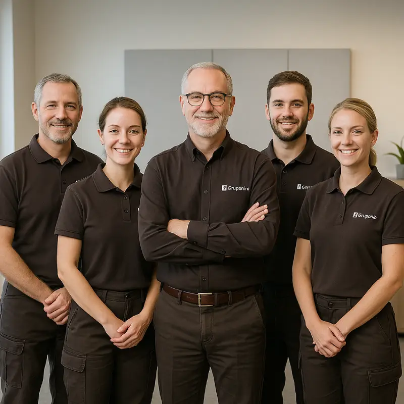 Equipo profesional de Gruponiro en oficina corporativa Cinco profesionales del equipo de Gruponiro posando en una oficina moderna, vestidos con ropa corporativa oscura, representando al grupo de especialistas en reformas e instalaciones en la provincia de Barcelona.