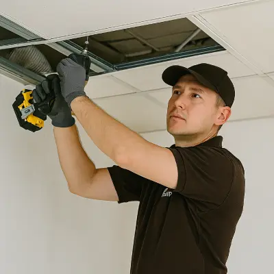 Instaladores de pladur y falsos techos de Gruponiro Profesional de Gruponiro instalando paneles de pladur en un techo registrable durante una reforma interior en Barcelona, con ropa corporativa oscura y herramientas manuales.