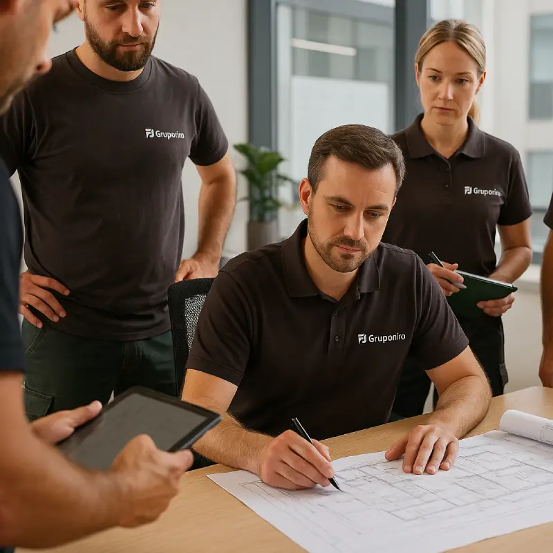 metodo-gruponiro-coordinacion-reformas Coordinador de Gruponiro revisando planos y organizando a varios profesionales de reformas e instalaciones en una oficina