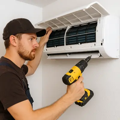 écnico de climatización y aire acondicionado de Gruponiro Profesional de Gruponiro instalando un equipo de aire acondicionado tipo split en una vivienda de Barcelona, con ropa corporativa oscura y herramientas manuales.