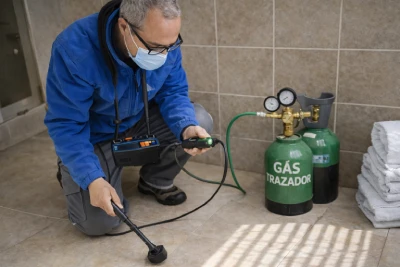 Técnico utilizando gas trazador para localizar fugas de agua sin romper
