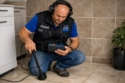 Técnico utilizando geófono electrónico para detectar fugas de agua sin obras